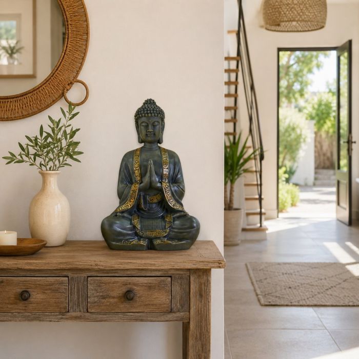 Große Buddha-Figur in Bronzeoptik, sitzend, 38 cm