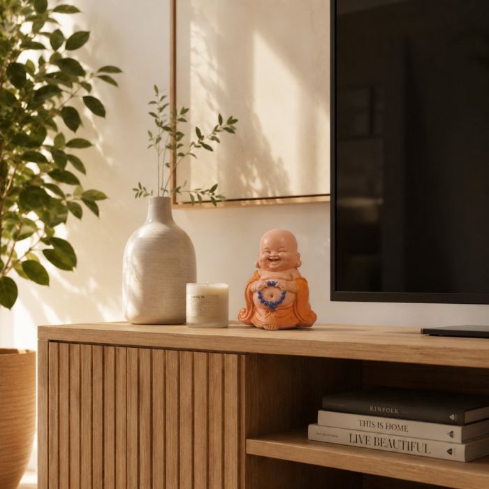 Lachender Mönch mit Perlenkette, orange, 10 cm