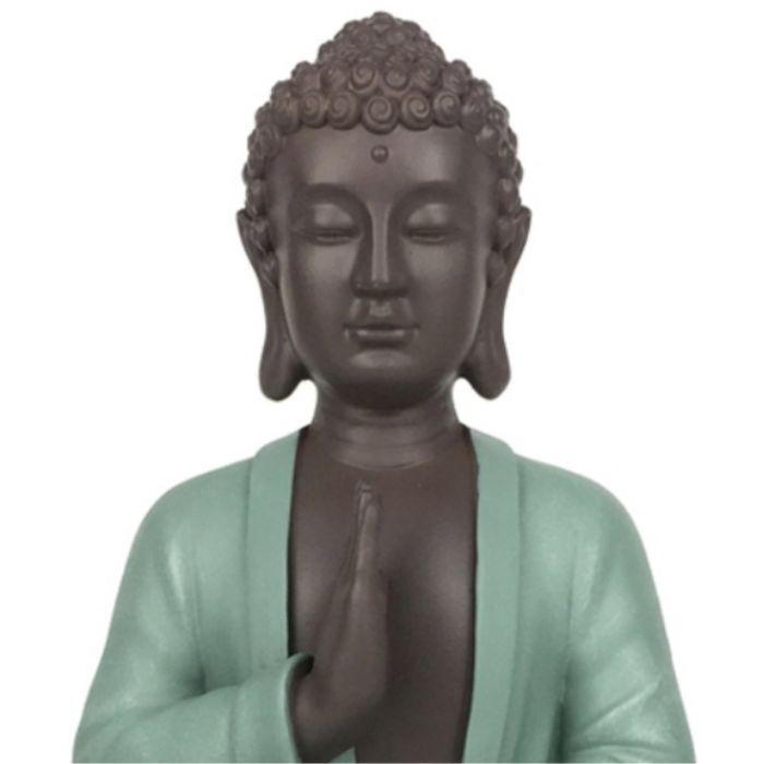 Sitzende Buddha-Figur mit grünem Gewand, 20 cm