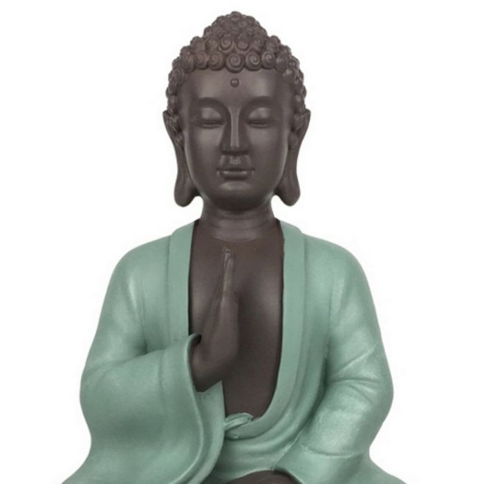 Sitzende Buddha-Figur mit grünem Gewand, 20 cm