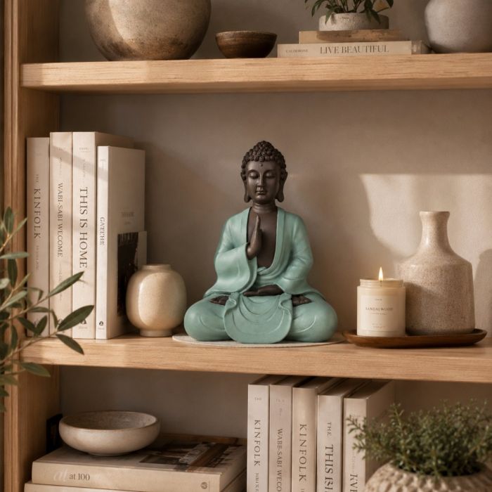 Sitzende Buddha-Figur mit grünem Gewand, 20 cm