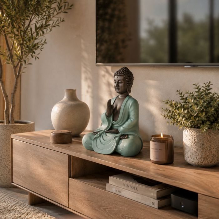 Sitzende Buddha-Figur mit grünem Gewand, 20 cm