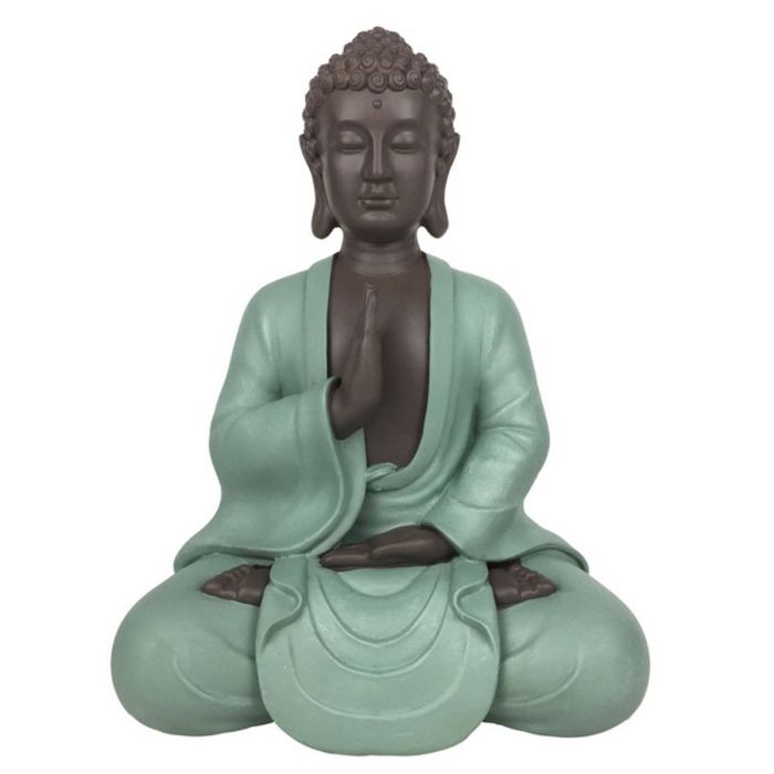 Sitzende Buddha-Figur mit grünem Gewand, 20 cm